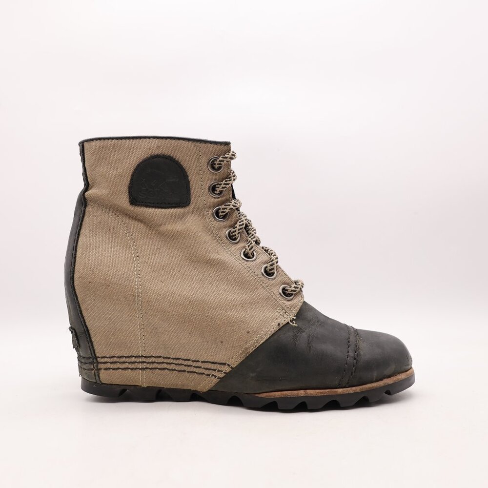 Sorel Lexie Wedge Boots Black Leather Gray Canvas Women's US Size 10 Ankle Boots